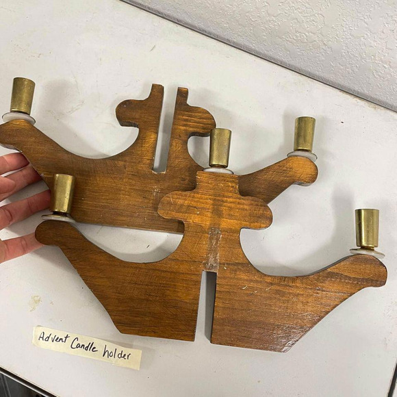 Vtg Kustom Kraft ?? MCM Wood Brass Candle Holder Candelabra 5 Candles Advent - Picture 5 of 5